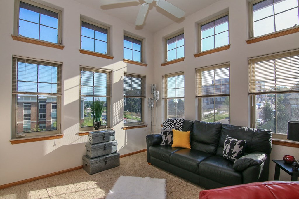 a living room with a couch and a bunch of windows