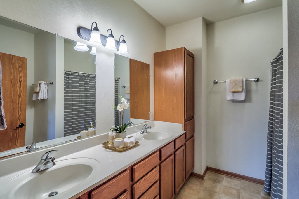 a bathroom with two sinks and a large mirror