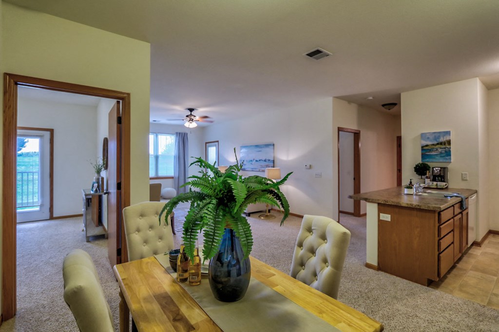 a living room with a dining room table and a kitchen