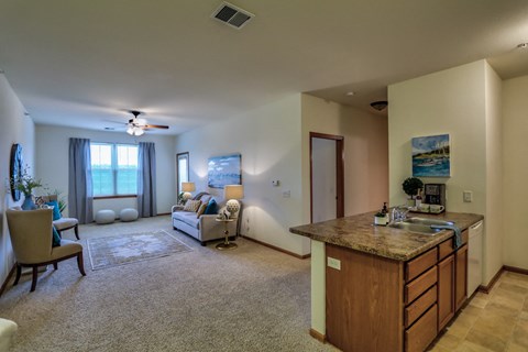 a living room with a kitchen and a couch