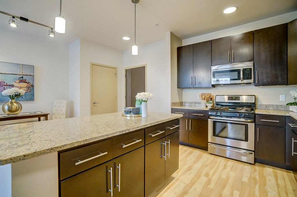 a kitchen with stainless steel appliances and a marble counter top