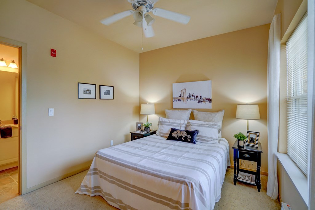a bedroom with a large bed and a ceiling fan