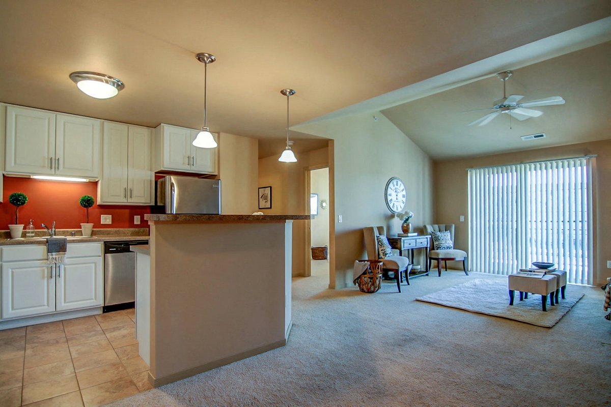 a living room with a kitchen and a dining room