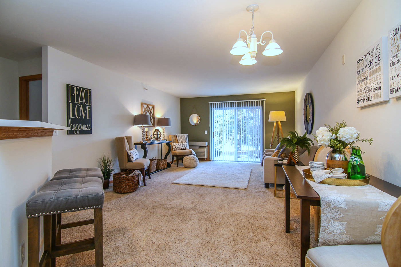 a living room with a couch and a table