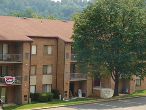 an apartment building with a tree in front of it