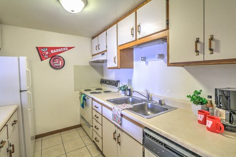 a kitchen with a sink and a stove and a refrigerator