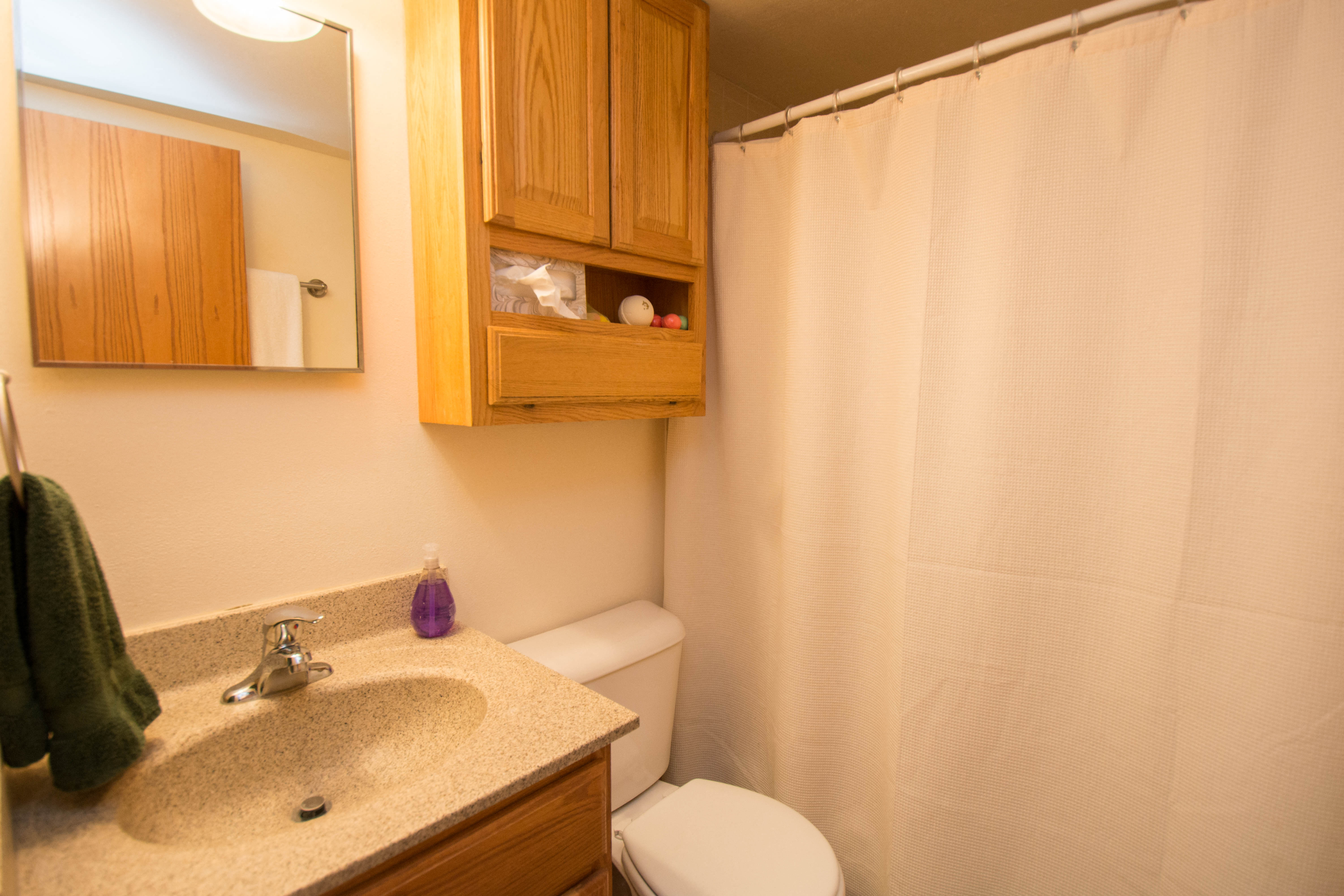 a bathroom with a shower and a sink and a toilet