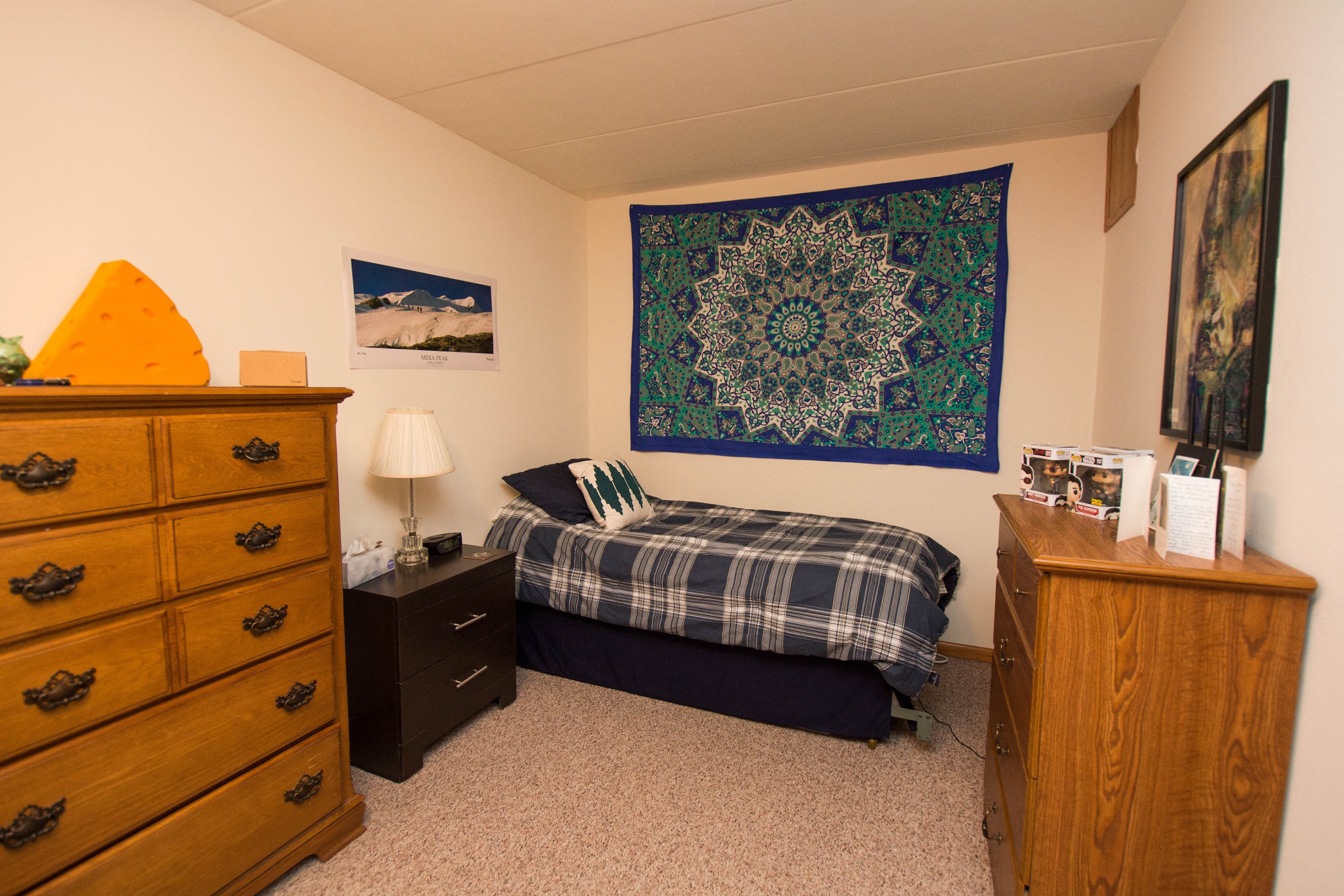 a bedroom with a bed and dresser and a painting on the wall