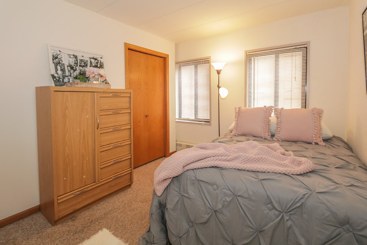 a bedroom with a bed and a dresser