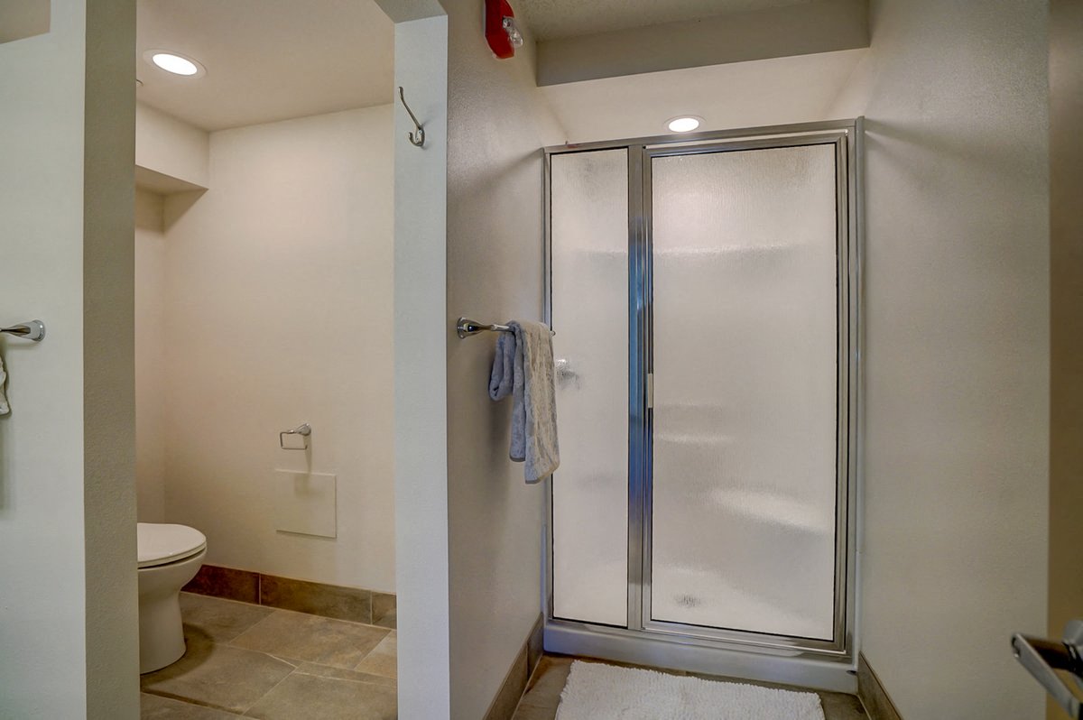 a bathroom with a shower and a toilet