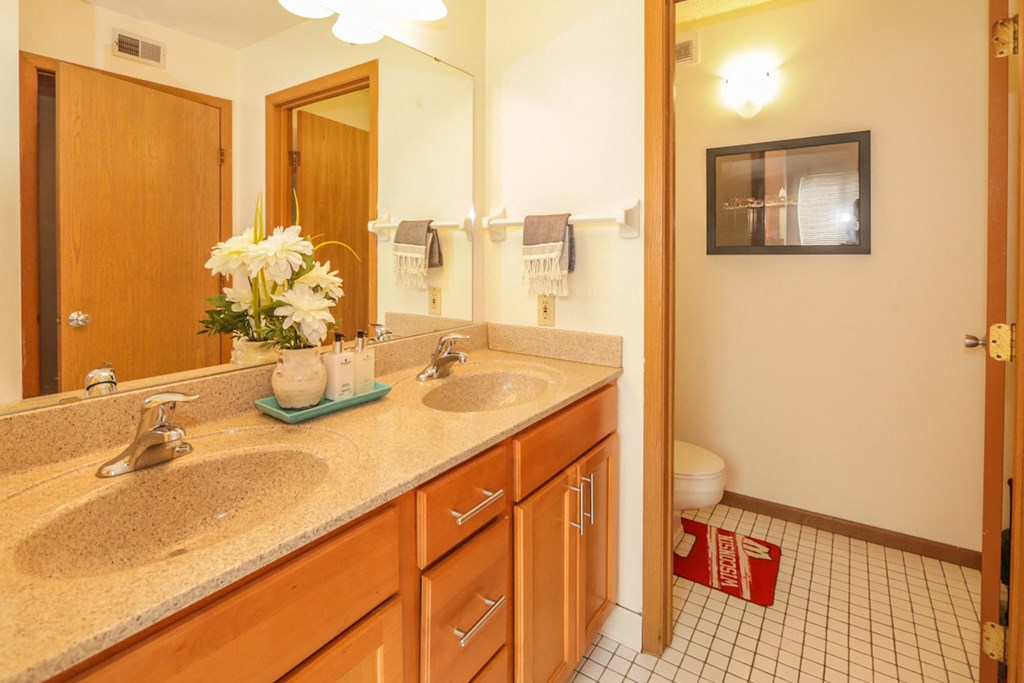 a bathroom with two sinks and a mirror
