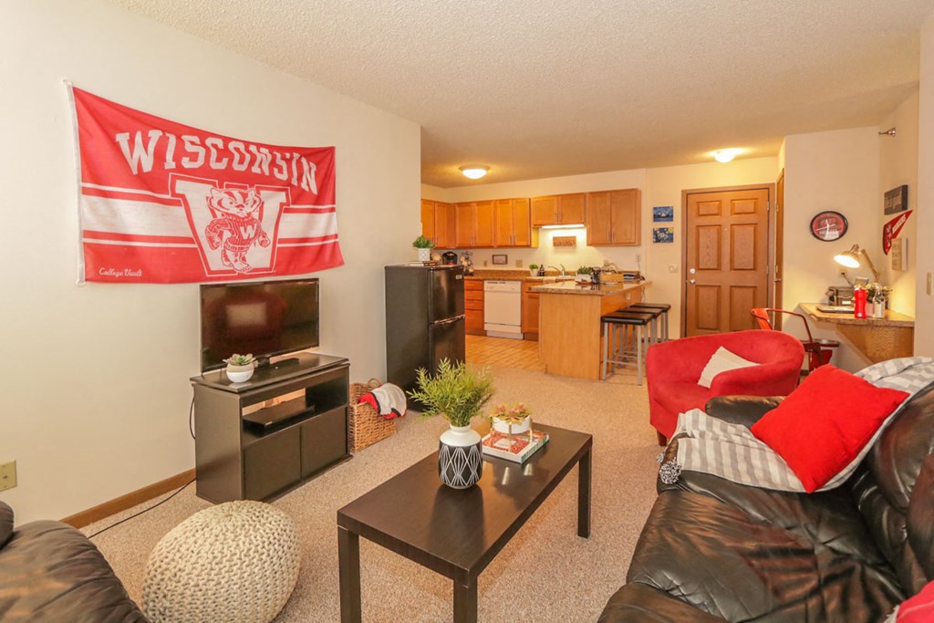 a living room with a couch and a table