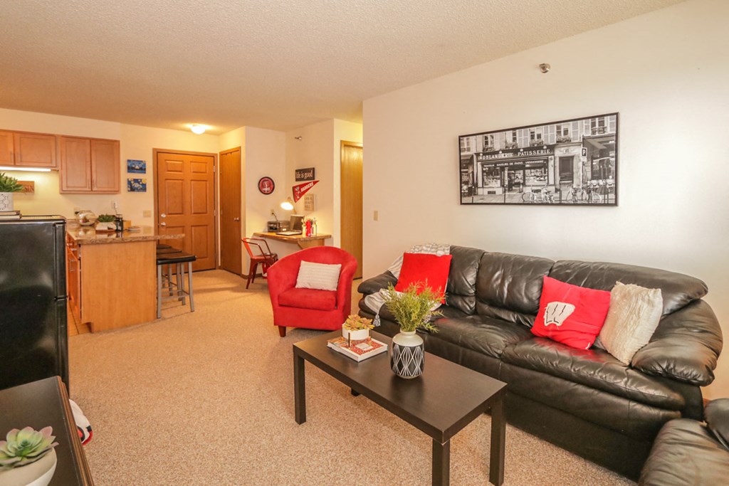 a living room with a leather couch and a coffee table