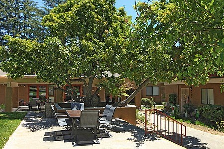 A patio with a table and chairs is surrounded by trees.