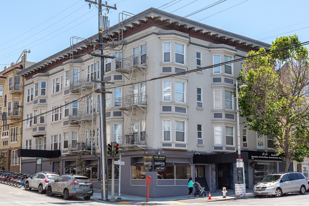 a building on the corner of a city street