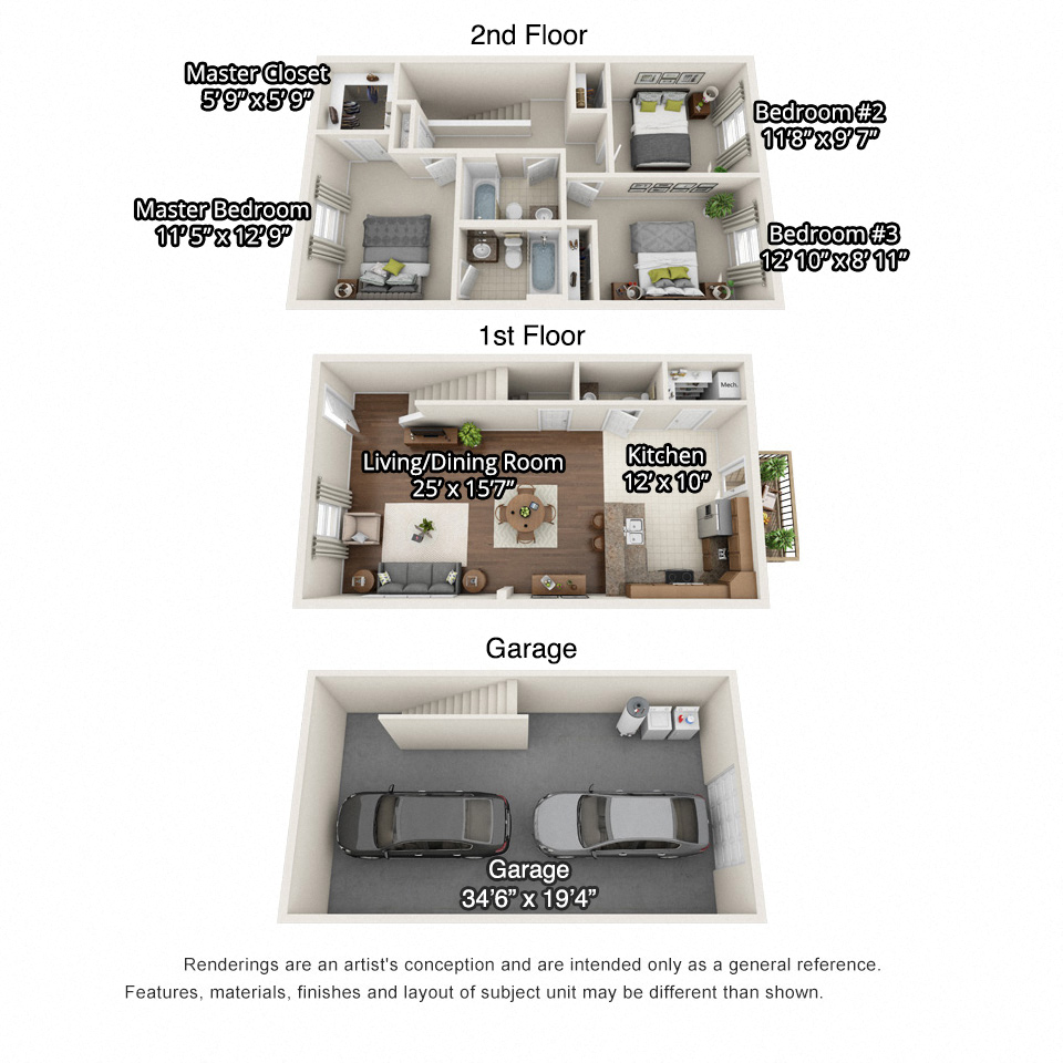 A 3D floorplan of the 3 bedroom layout at Boone Ridge