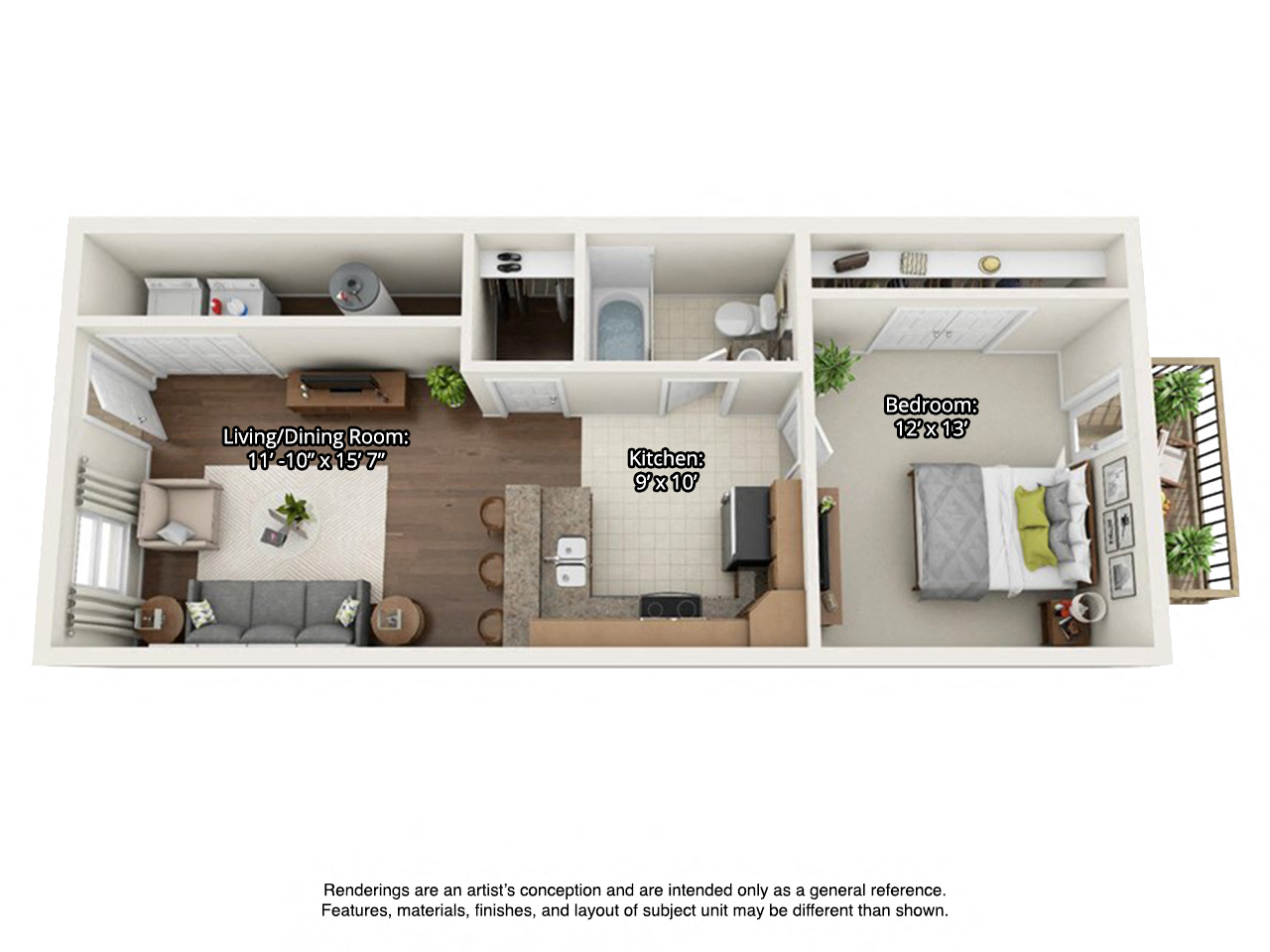 1 bedroom 3 dimensional floorplan