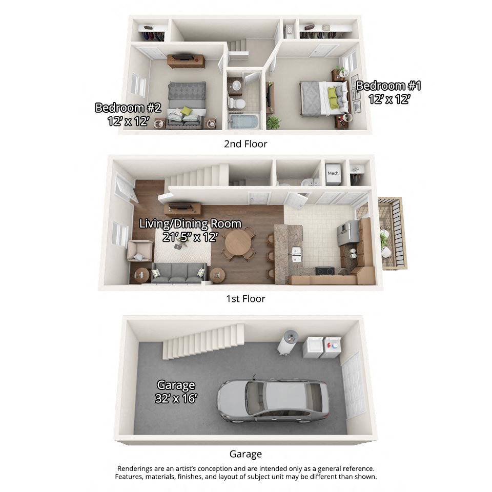 3 dimensional floorplan view of 2 bedroom apartment 2 bedroom floorplan with garage