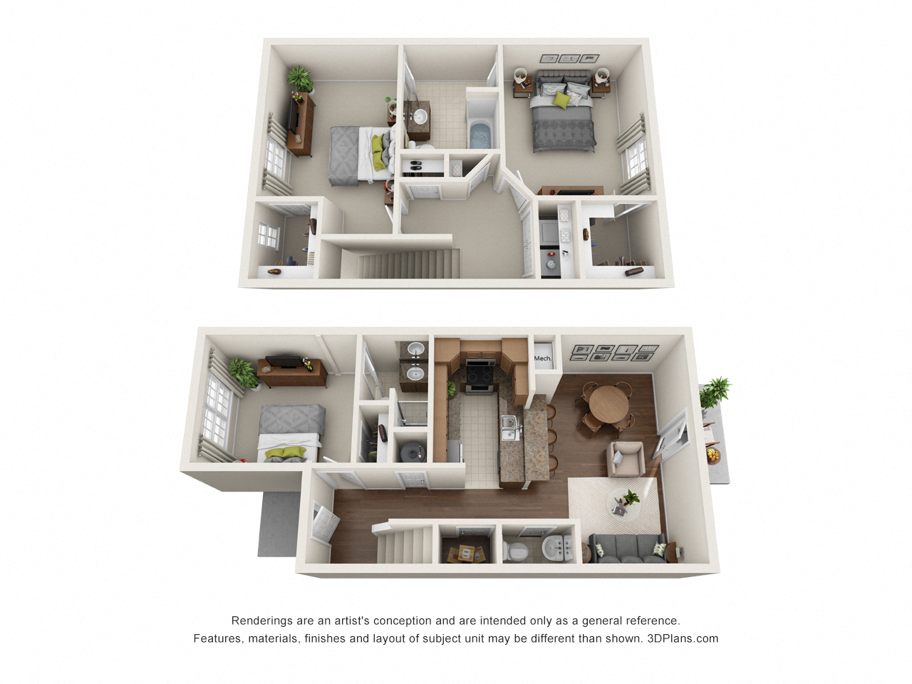 floorplan of 3 bedroom units with garages