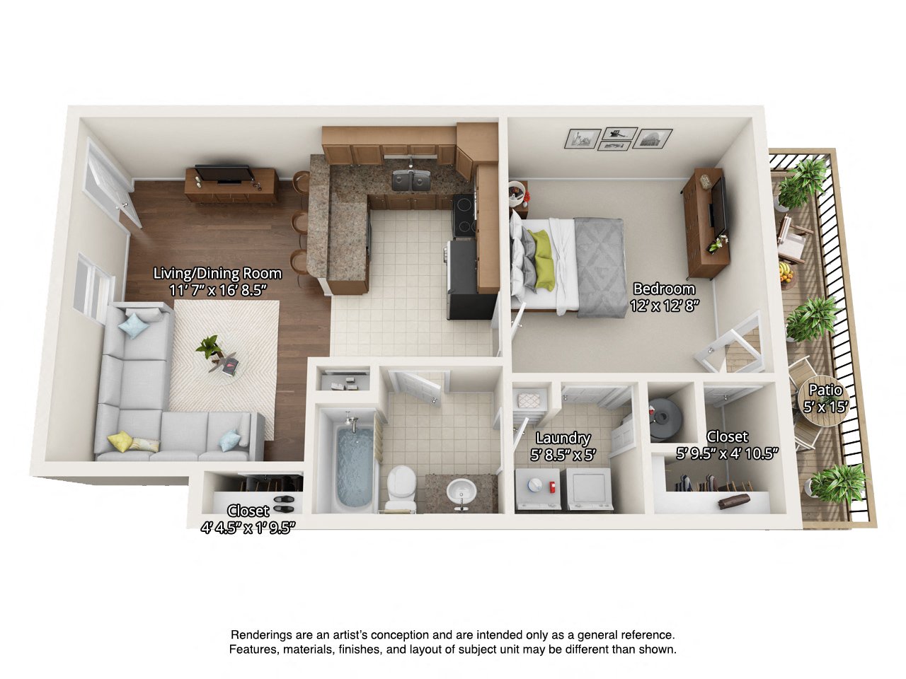 1 bedroom 3 dimensional floorplan downstairs
