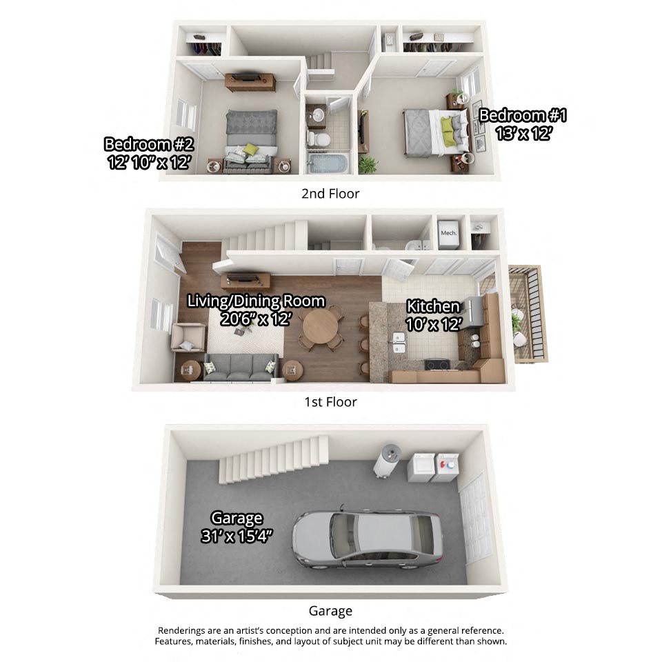 3 dimensional floorplan view of 2 bedroom apartment 2 bedroom floorplan with garage