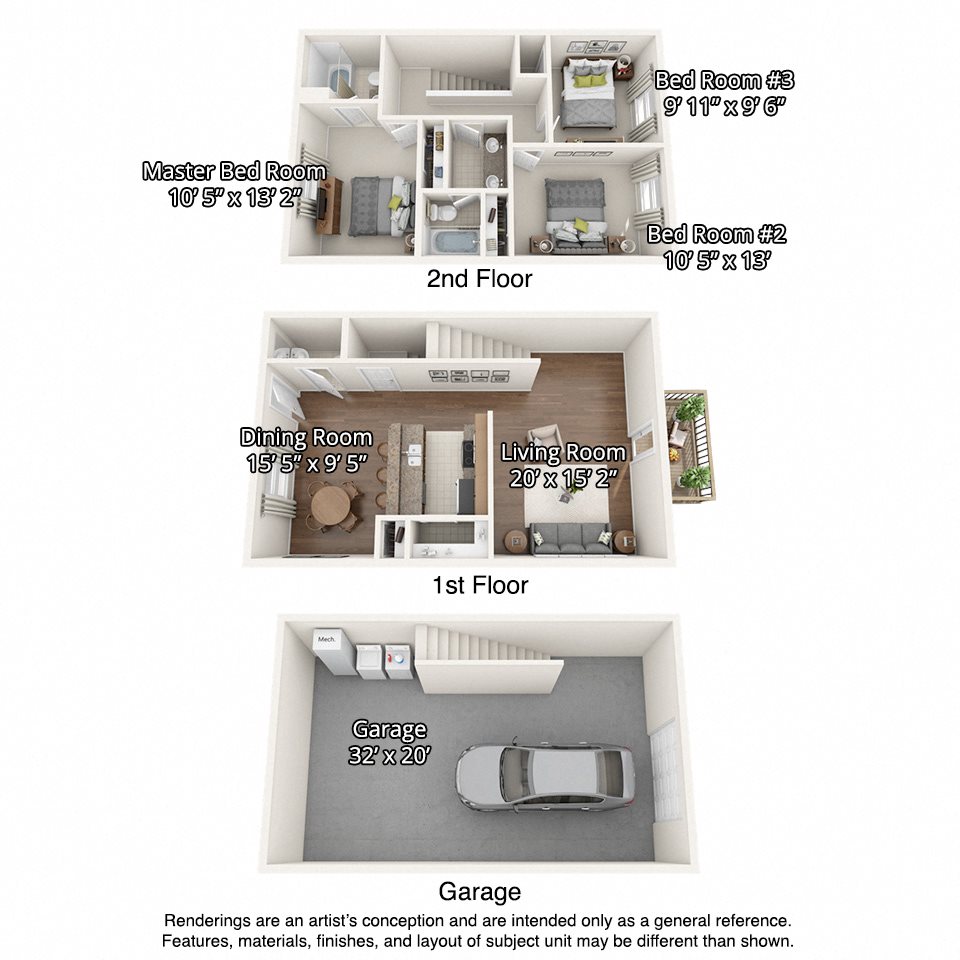 3 dimensional floorplan view of 3 bedroom apartments floorplan of 3 bedroom units with garages