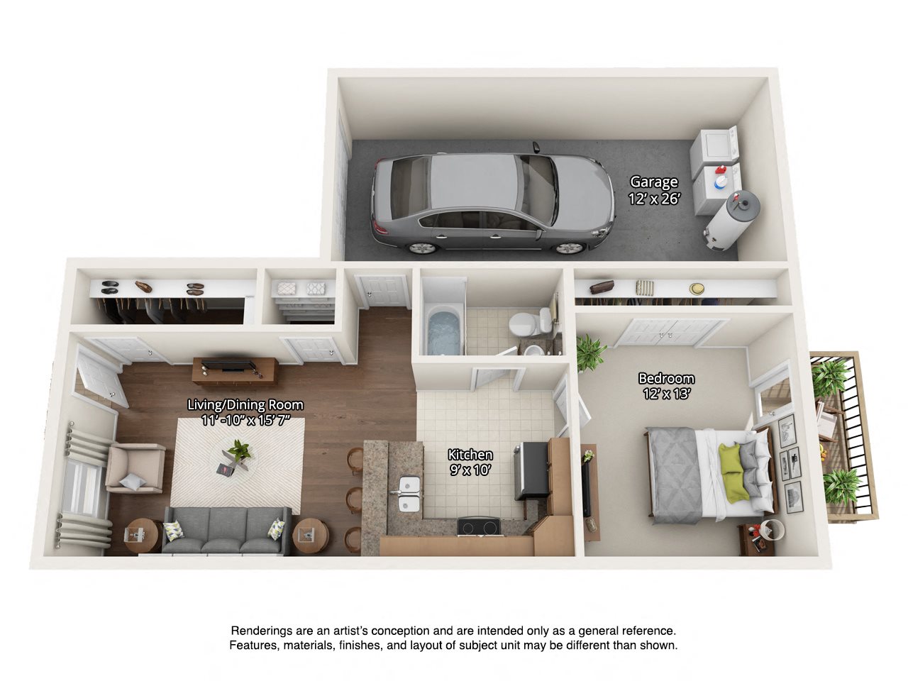 3 dimensional floorplan view of 1 bedroom apartment 1 bedroom floorplan with garage