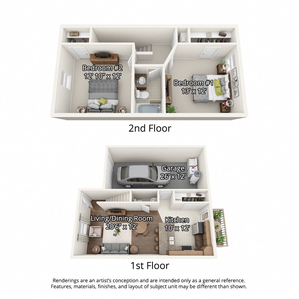 3 dimensional floorplan view of 2 bedroom apartment 2 bedroom floorplan with garage