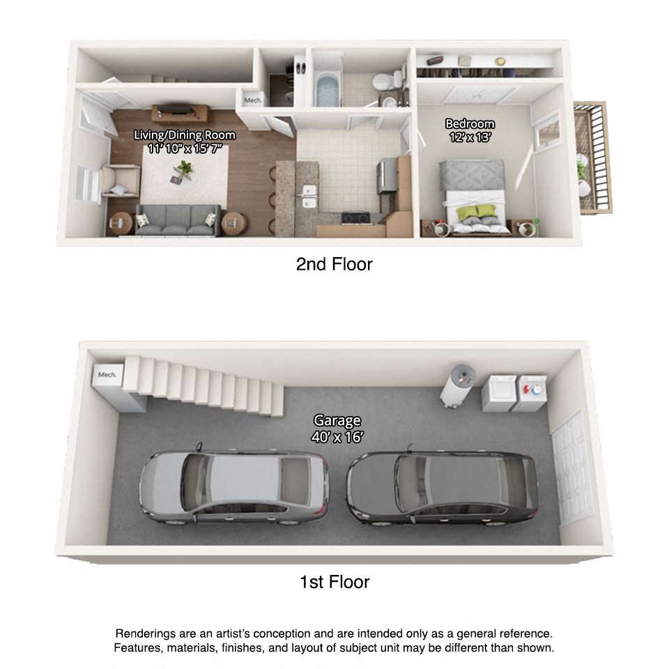 3 dimensional floorplan view of 1 bedroom apartment 1 bedroom floorplan with garage