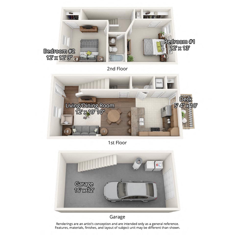 3 dimensional floorplan view of 2 bedroom apartment 2 bedroom floorplan with garage