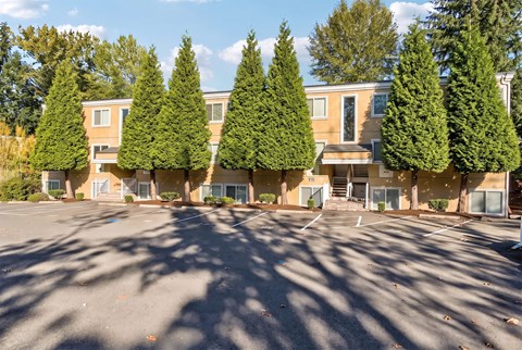 Rear exterior of Champagne at Bellevue with tall evergreen trees and marked surface parking stalls.
