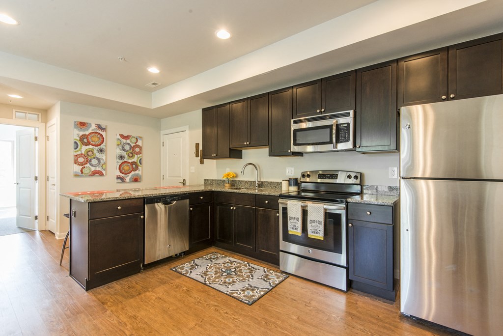 a kitchen with stainless steel appliances and black cabinets