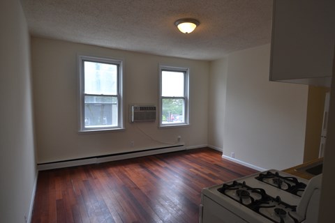 an empty living room with a stove and two windows