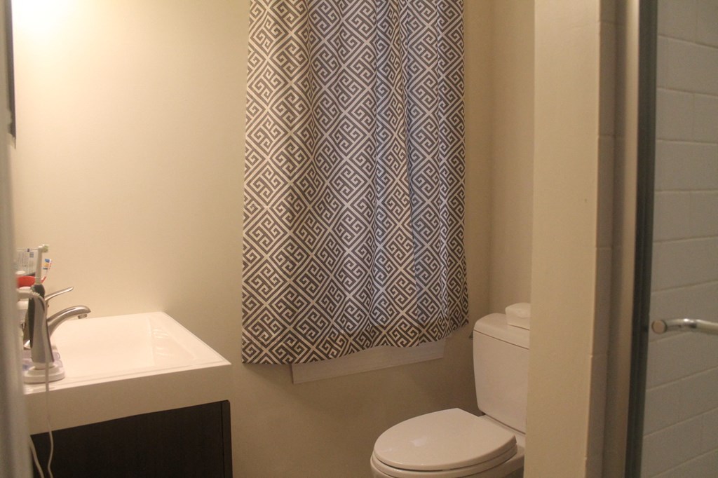 a bathroom with a white toilet and a blue and white shower curtain