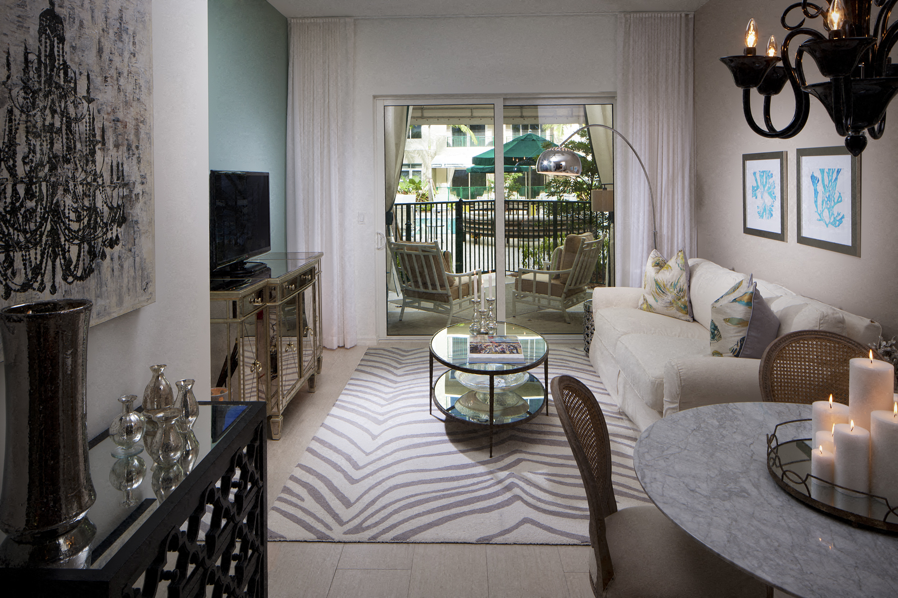 a living room with a couch and a table