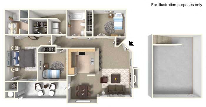 PLAN D + 2 Car Garage 3 bedroom 2 bathroom Floor plan  at Milan Apartment Townhomes, Las Vegas, Nevada