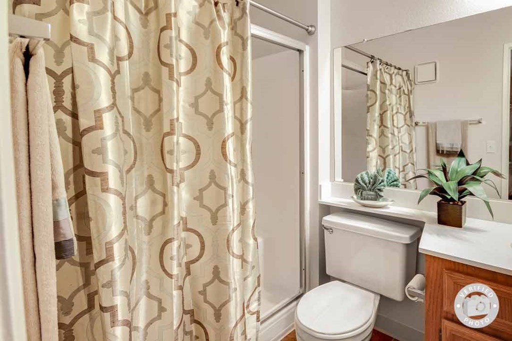 a bathroom with a shower and a toilet and a sink