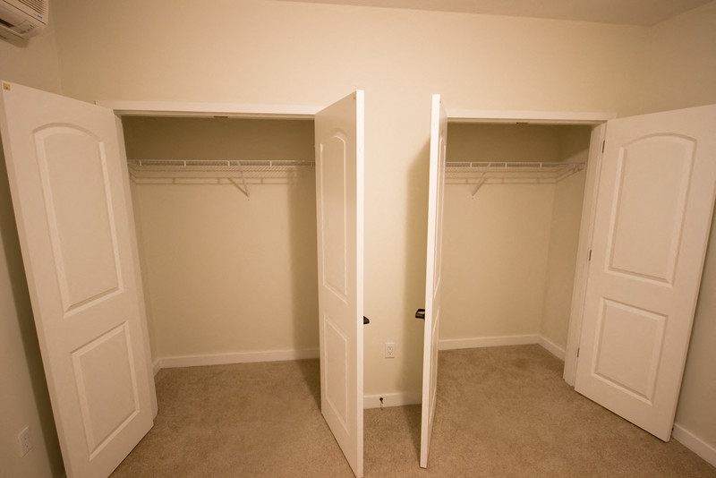 Bedroom with two closets and carpeted floors