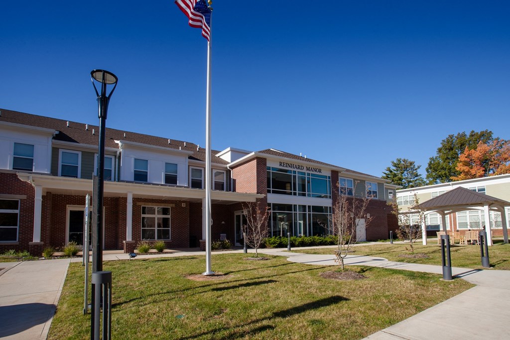 a building with an flag in front of it
