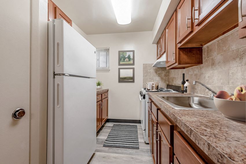 a kitchen with a sink and a refrigerator