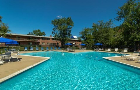 a large swimming pool with chairs and umbrellas in front of a hotel