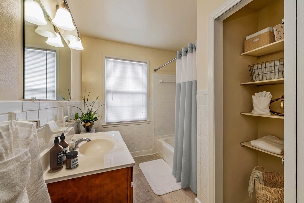 a bathroom with a sink and a shower and a tub