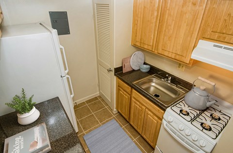 a kitchen with a stove sink and refrigerator