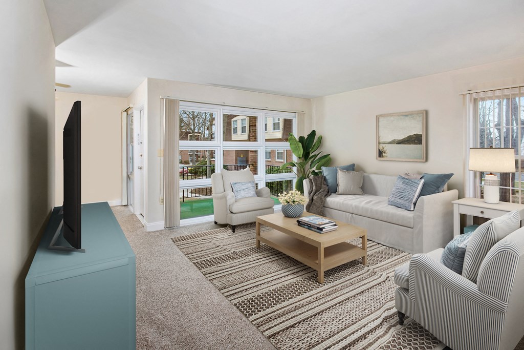 a living room with two couches and a television