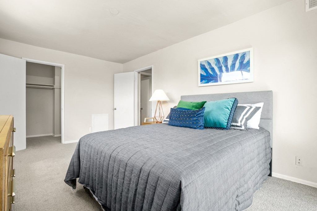 a bedroom with a bed and a closet