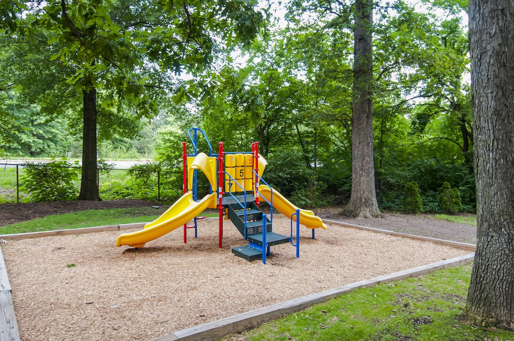 a playground with a slide in a park
