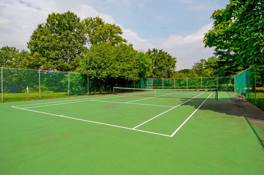 a tennis court with green turf and trees