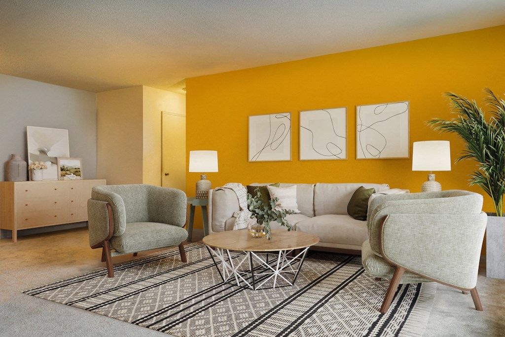 a living room with a yellow wall and a couch and chairs
