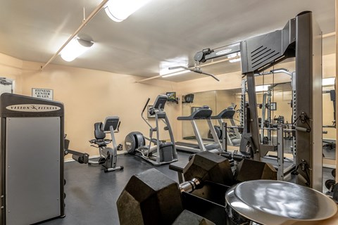 a gym with weights and cardio equipment at the renaissance apartments