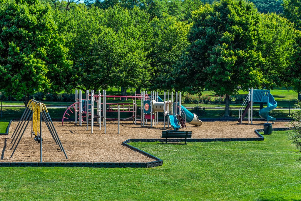 a playground with a bunch of playground equipment in a park